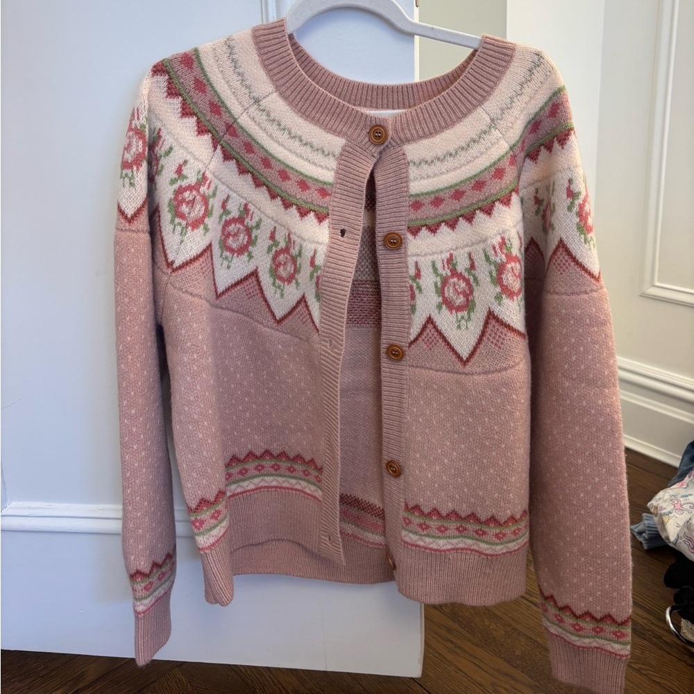 Pink Lily Blush Pink Floral Fair Isle Cardigan Sweater